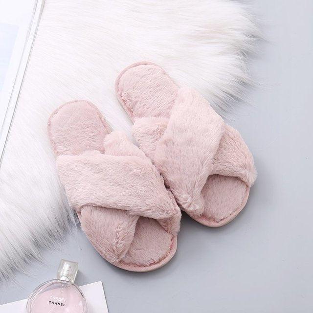 Slippers Stevvex pink faux-fur cross-band women's indoor slides, plush open-toe pair on Tampa Home and Garden Store