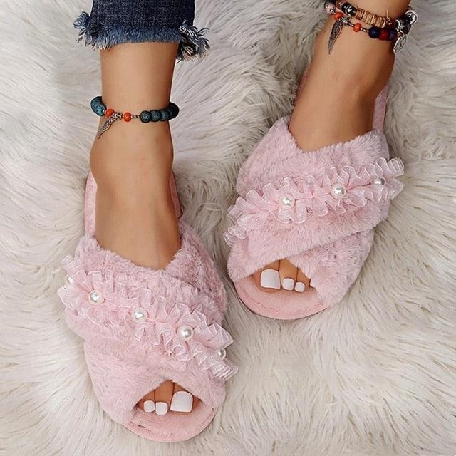 Stevvex pink fluffy slippers for women with cross-band faux fur and pearl accents open toe on Tampa Home & Garden Store