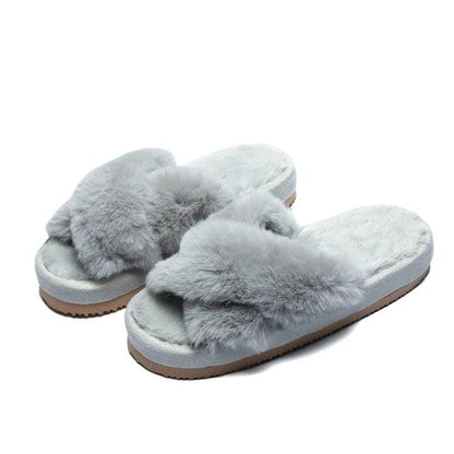 Stevvex women's warm fluffy faux fur cross-band slippers, light gray open-toe pair on Tampa Home & Garden Store