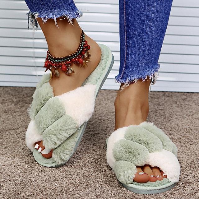 Stevvex women's fluffy faux-fur cross-band slippers mint-green open-toe plush house slides pair on Tampa Home & Garden Store
