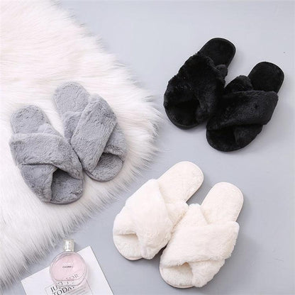Fluffy cross-band slippers; gray, black and white faux fur indoor slides (3 colors) on Tampa Home & Garden Store