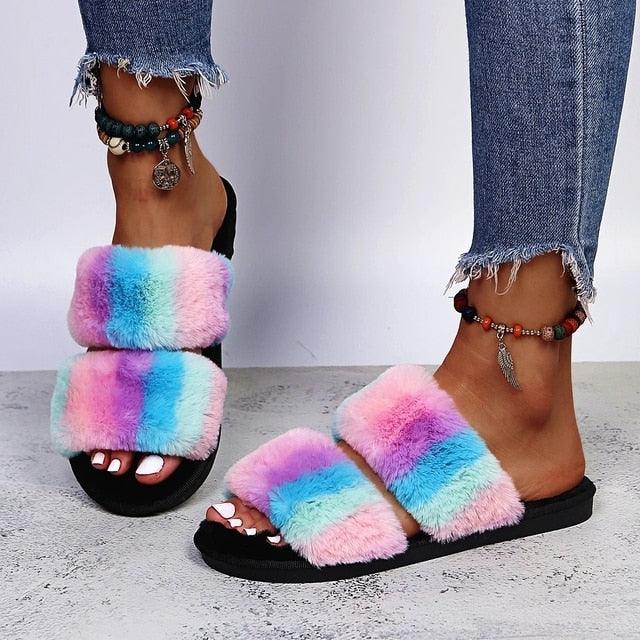Stevvex women's fluffy cross-band slippers, multicolor faux fur, open-toe indoor slides pair on Tampa Home & Garden Store