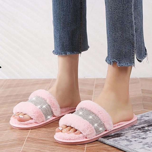 Stevvex pink fluffy cross-band slippers with faux fur and silver strap open-toe slides for women on Tampa Home & Garden Store