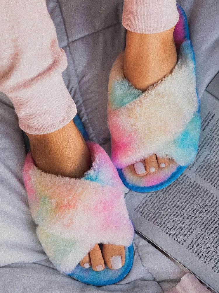 Stevvex women's rainbow faux fur cross-band slippers, open-toe plush house slides on Tampa Home & Garden Store
