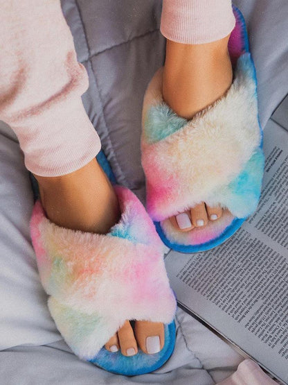 Stevvex women's rainbow faux fur cross-band slippers, open-toe plush house slides on Tampa Home & Garden Store
