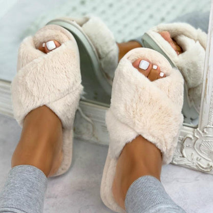 Stevvex women's cross-band faux fur slippers in cream plush open-toe indoor slides on Tampa Home & Garden Store
