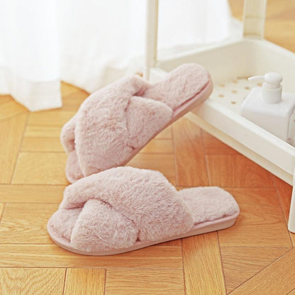 Stevvex pink fluffy cross-band slippers, faux fur indoor slippers for women on Tampa Home & Garden Store