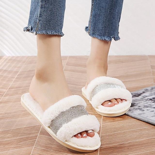 White fluffy cross-band slippers with silver strap, cozy faux fur indoor slides on Tampa Home & Garden Store