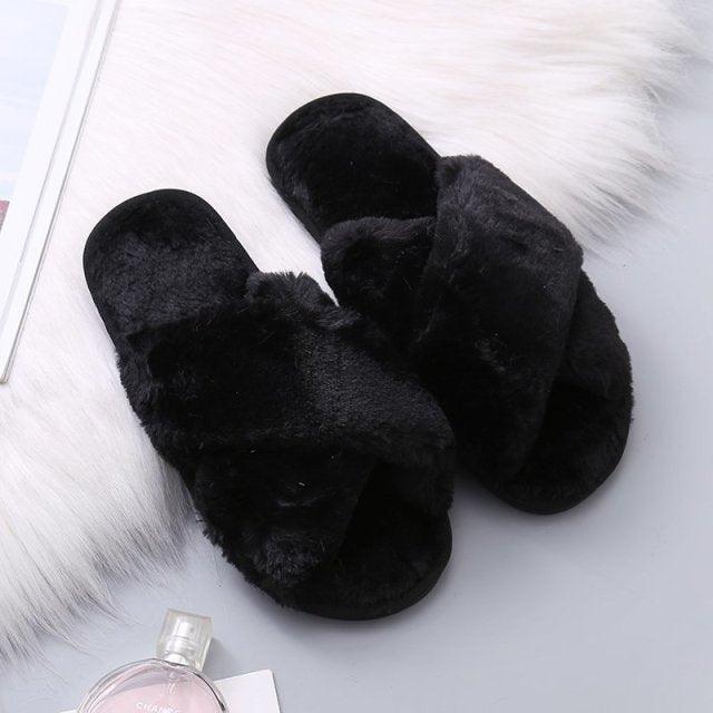 Slippers Stevvex women's black faux-fur cross-band indoor pair on Tampa Home & Garden Store
