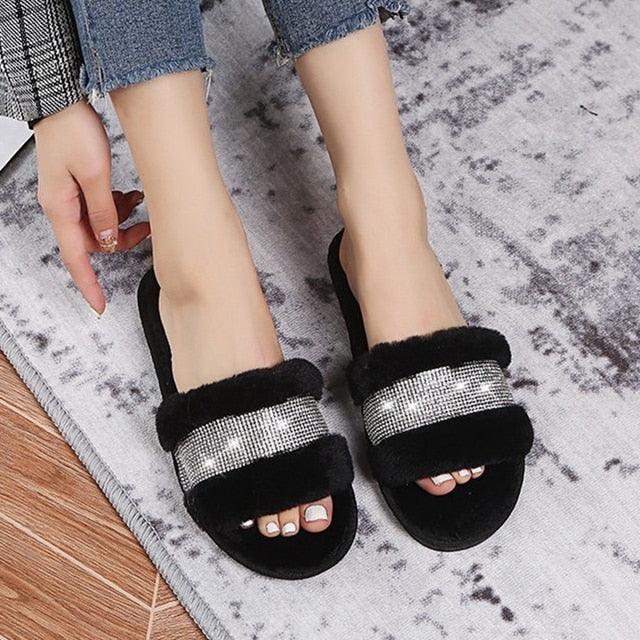 Stevvex plush black slippers with silver rhinestone cross-band open-toe slides pair on Tampa Home & Garden Store