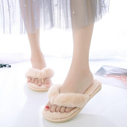 Stevvex women's warm fluffy slippers, beige faux fur cross-band open-toe slides on Tampa Home & Garden Store
