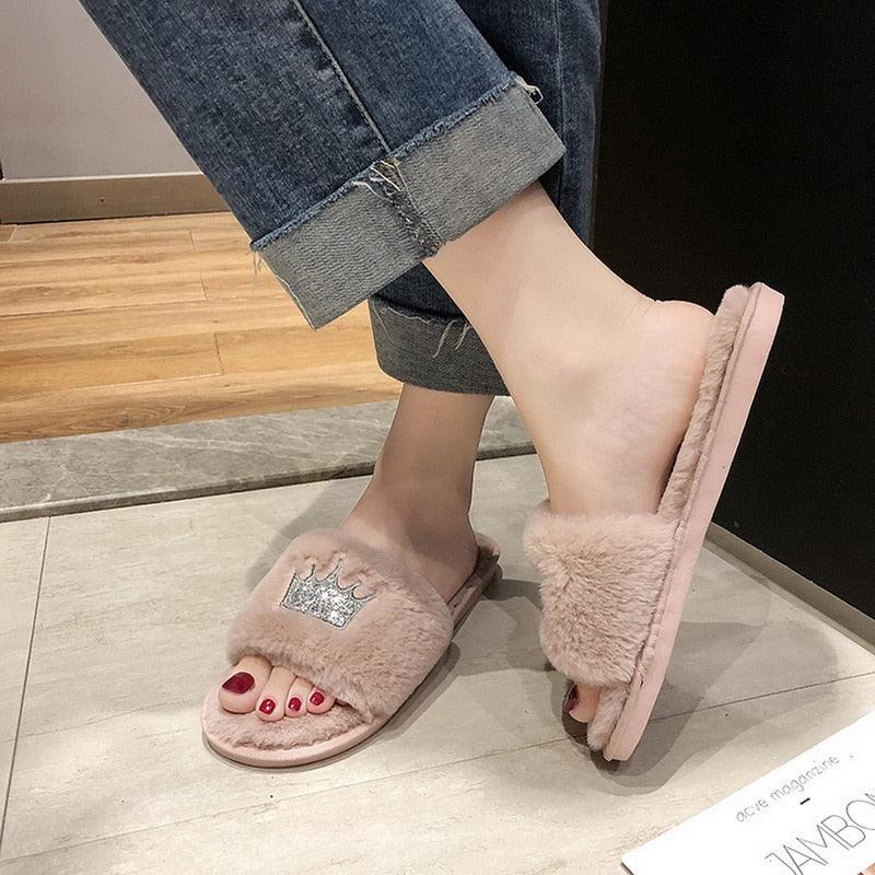 Slippers Stevvex pink faux fur with open toe and crown detail, fluffy memory foam indoor slides on Tampa Home & Garden Store