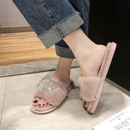 Slippers Stevvex pink faux fur with open toe and crown detail, fluffy memory foam indoor slides on Tampa Home & Garden Store