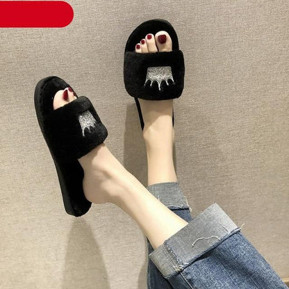Stevvex black faux-fur slippers with heart-shaped accent memory foam open-toe fluffy slides on Tampa Home & Garden Store