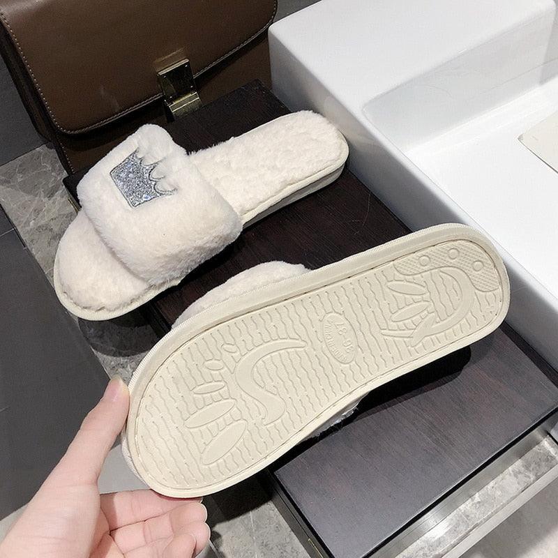 Stevvex fluffy slippers white faux fur open-toe slides with memory foam crown emblem on strap on Tampa Home & Garden Store