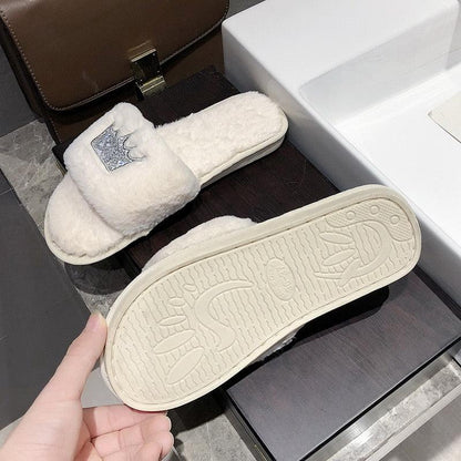 Stevvex fluffy slippers white faux fur open-toe slides with memory foam crown emblem on strap on Tampa Home & Garden Store