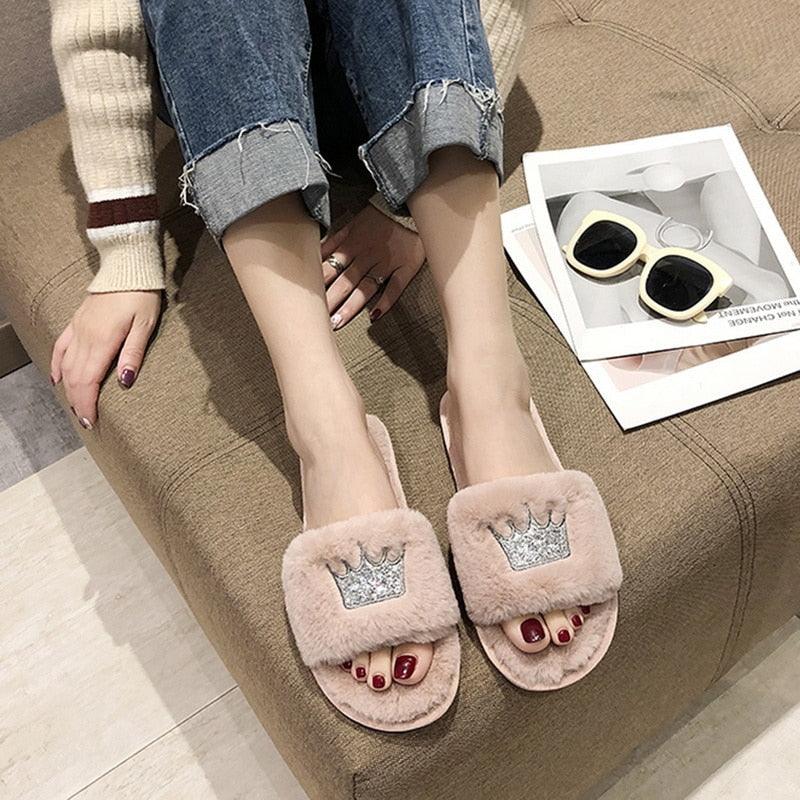 Stevvex women's pink fluffy faux fur slippers with crown patch, open-toe memory foam slides on Tampa Home & Garden Store