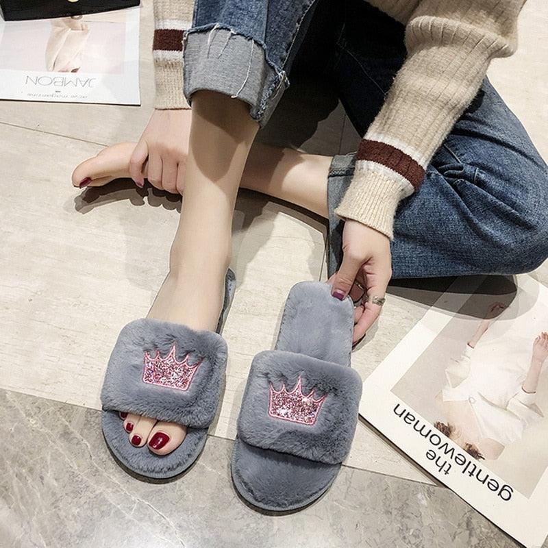 Grey faux fur slippers for women by Stevvex, crown patch, open-toe indoor slides on Tampa Home & Garden Store