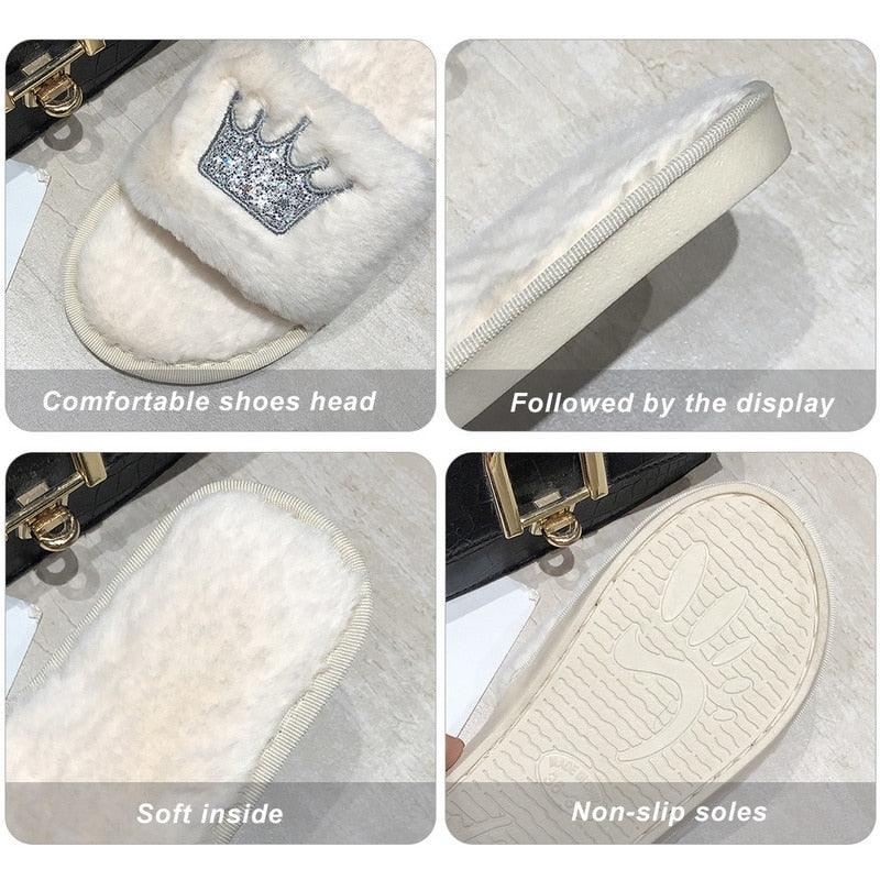 Stevvex white fluffy slippers with crown patch faux fur memory foam slides, non-slip soles on Tampa Home & Garden Store