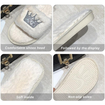 Stevvex white fluffy slippers with crown patch faux fur memory foam slides, non-slip soles on Tampa Home & Garden Store