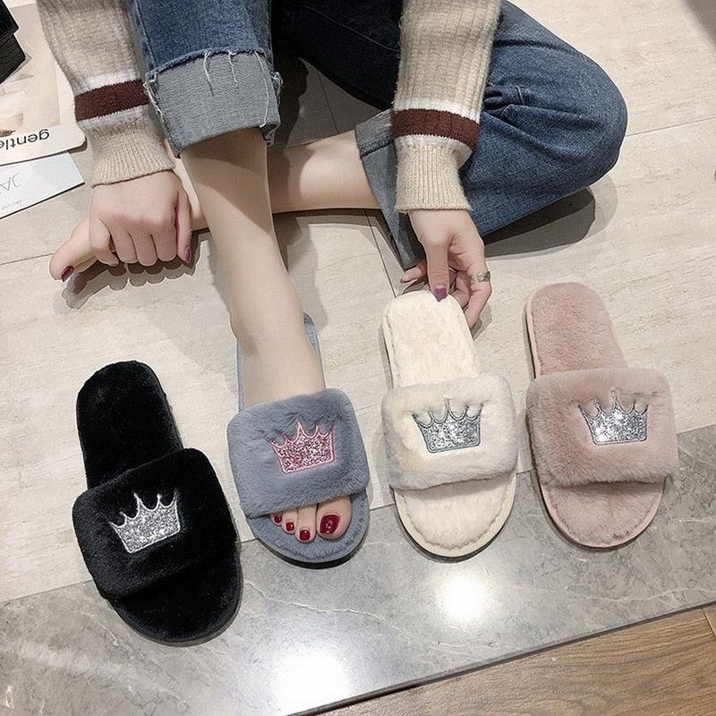 Fluffy women's slippers in black, gray, ivory and pink with crown patch, open toe faux-fur slides on Tampa Home & Garden Store