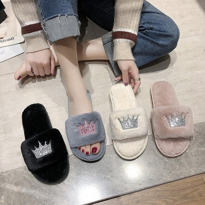 Fluffy women's slippers in black, gray, ivory and pink with crown patch, open toe faux-fur slides on Tampa Home & Garden Store