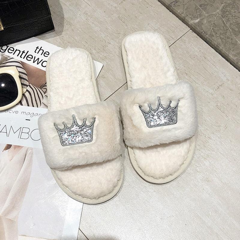 Slippers Stevvex white fluffy faux fur slide pair with crown patch for women on Tampa Home & Garden Store