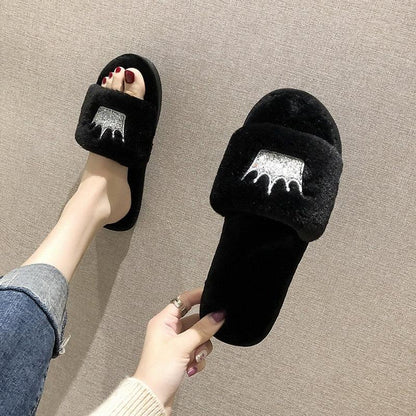 Stevvex black faux fur slippers for women open-toe indoor slides with plush strap on Tampa Home & Garden Store