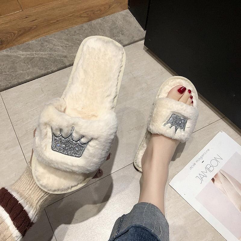 White fluffy faux-fur slippers with crown patch, open-toe memory-foam slides, 2 shown on Tampa Home & Garden Store