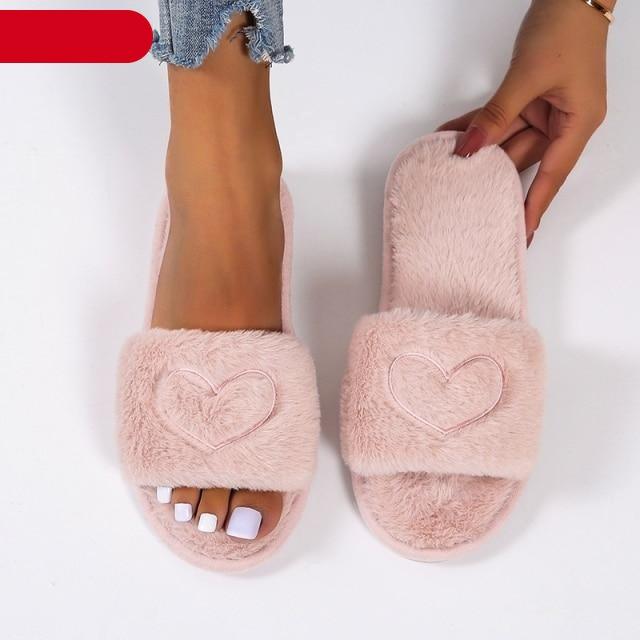 Stevvex pink faux fur slippers, heart embroidery, fluffy open-toe memory-foam indoor slides on Tampa Home & Garden Store