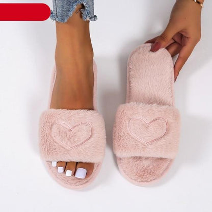 Stevvex pink faux fur slippers, heart embroidery, fluffy open-toe memory-foam indoor slides on Tampa Home & Garden Store