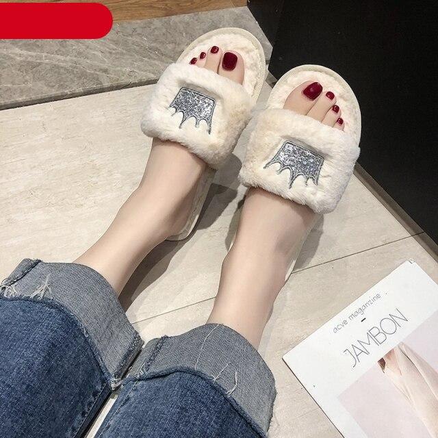 Stevvex fluffy faux fur slippers for women, white open-toe memory foam house shoes on Tampa Home & Garden Store