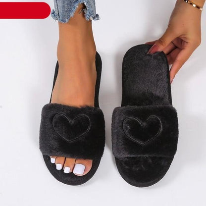 Stevvex women's black faux fur slippers with heart motif, open-toe fluffy slide pair on Tampa Home & Garden Store