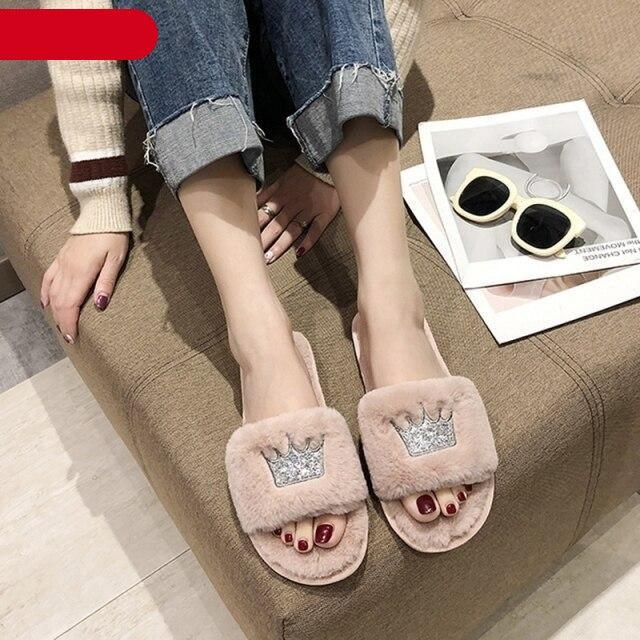 Women’s pink faux fur slippers with crown patch, memory foam indoor slides on Tampa Home & Garden Store