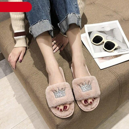 Women’s pink faux fur slippers with crown patch, memory foam indoor slides on Tampa Home & Garden Store