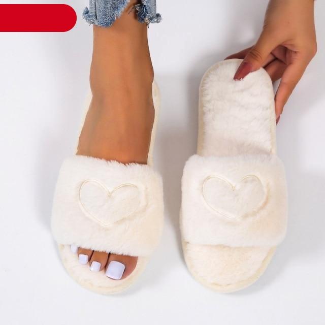 Stevvex white faux fur slippers with heart strap open-toe memory foam cozy pair of house shoes on Tampa Home & Garden Store