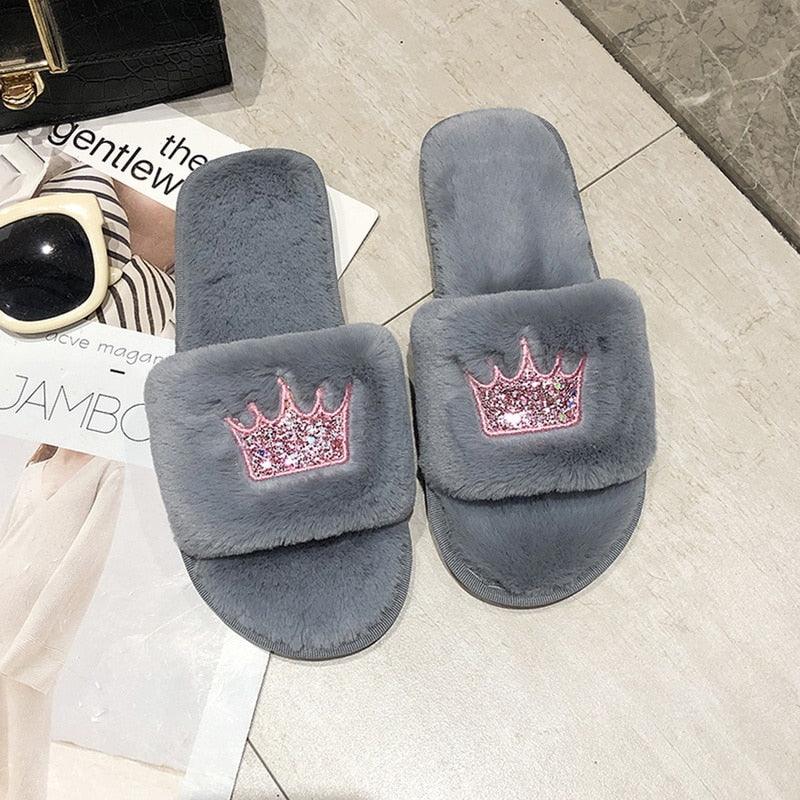 Stevvex grey fluffy women's slippers with pink crown patch, memory foam plush open-toe slides on Tampa Home & Garden Store