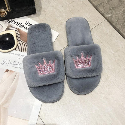 Stevvex grey fluffy women's slippers with pink crown patch, memory foam plush open-toe slides on Tampa Home & Garden Store