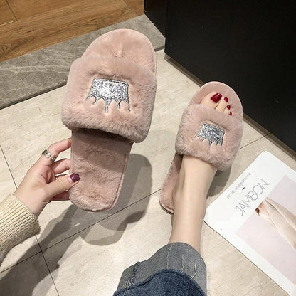 Pink fluffy women's faux fur memory foam indoor slippers pair, open-toe design on Tampa Home & Garden Store