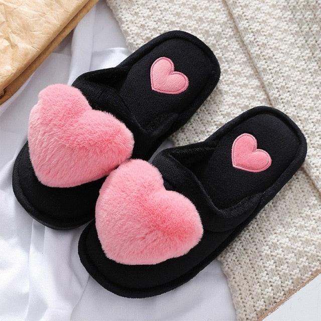 Stevvex women's warm fluffy slippers with pink heart plush on black indoor floor slides on Tampa Home & Garden Store