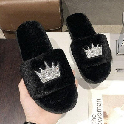 Stevvex black faux fur slippers with silver crown patch, cozy indoor slides on Tampa Home & Garden Store