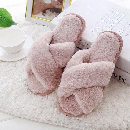Pink faux-fur cross-strap slippers with memory foam sole for indoor comfort on Tampa Home & Garden Store