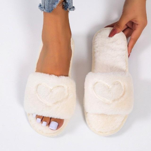 Stevvex women's ivory faux fur slippers, open-toe slides with heart-stitched strap on Tampa Home & Garden Store