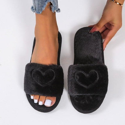 Slippers Stevvex black faux fur with heart embroidery, indoor memory foam slides on Tampa Home & Garden Store