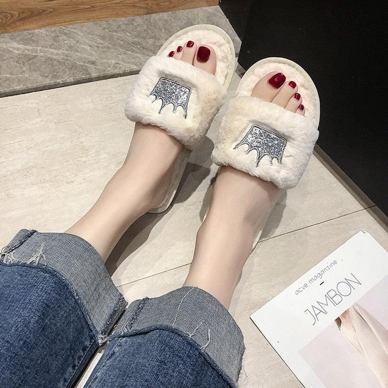 Stevvex white faux fur slippers with silver glitter patch for indoor cozy wear on Tampa Home & Garden Store