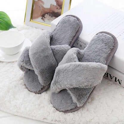 Slippers Stevvex women's plush faux fur gray cross-strap memory foam sole indoor on Tampa Home & Garden Store