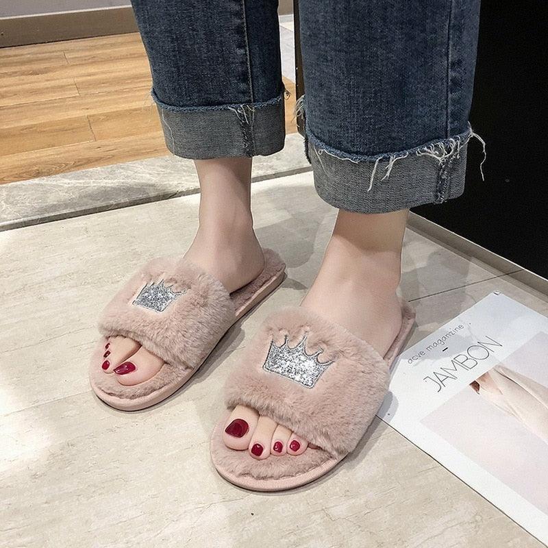 Slippers Stevvex warm fluffy pink faux-fur slides with silver crown patch and memory foam sole on Tampa Home & Garden Store