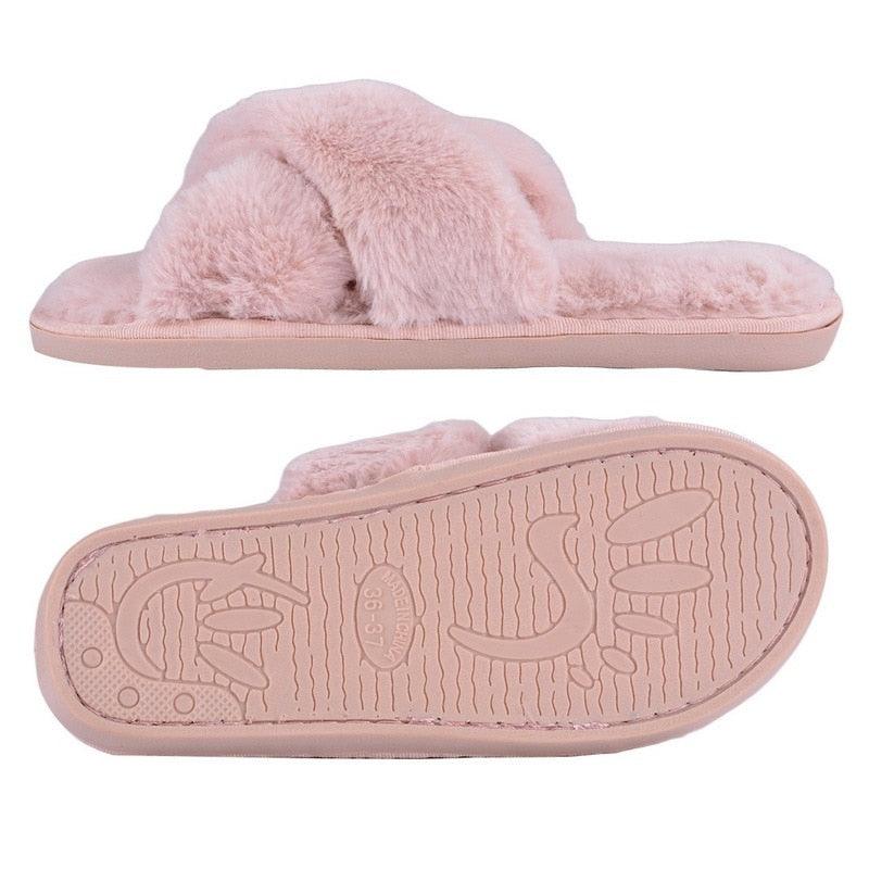 Stevvex pink fluffy slippers for women, faux fur cross-strap indoor slides with memory foam on Tampa Home & Garden Store