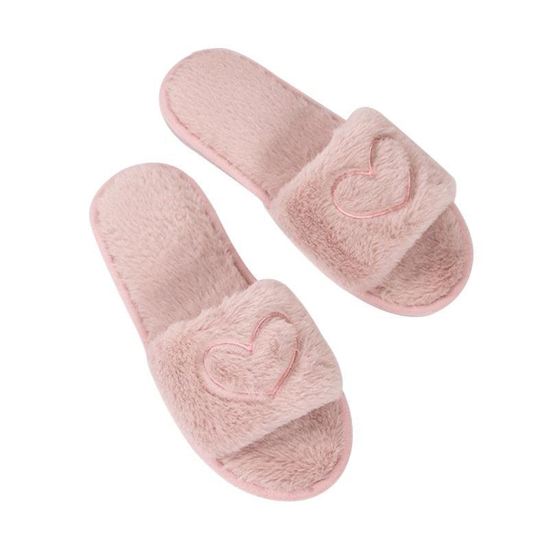 Pink fluffy women's slippers with heart patch memory foam insole on Tampa Home & Garden Store