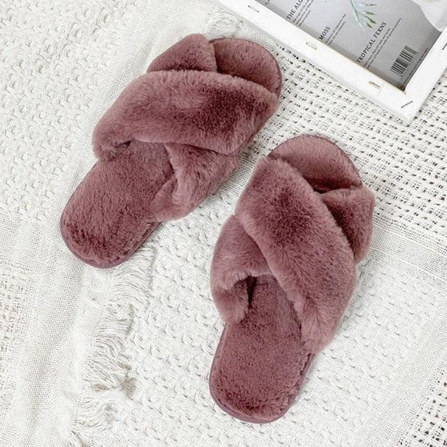 Stevvex women's pink faux fur slippers with crisscross straps, cozy memory foam indoors on Tampa Home & Garden Store